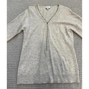 Kinross Cashmere Beige Zip-Front V-Neck Sweater, Size L